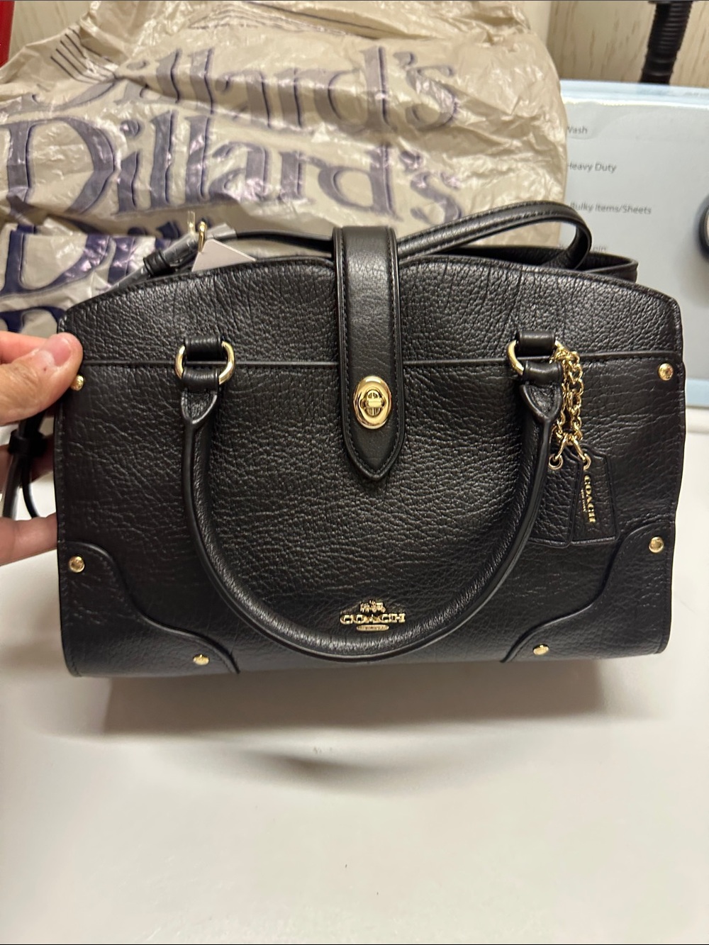 Coach Mercer 24 Black Pebbled Leather Satchel with Gold Hardware Accents